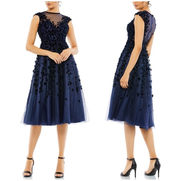 NWT Mac Duggal 67910 Floral Applique Tea Dress Fit Flare Illusion Neck Midnight - Picture 1 of 12